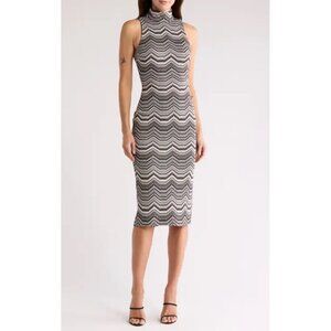 NWT‎ Ramy Brook Peggy Mock Neck Sleeveless Tube Dress Black Chevron Knit Midi, S